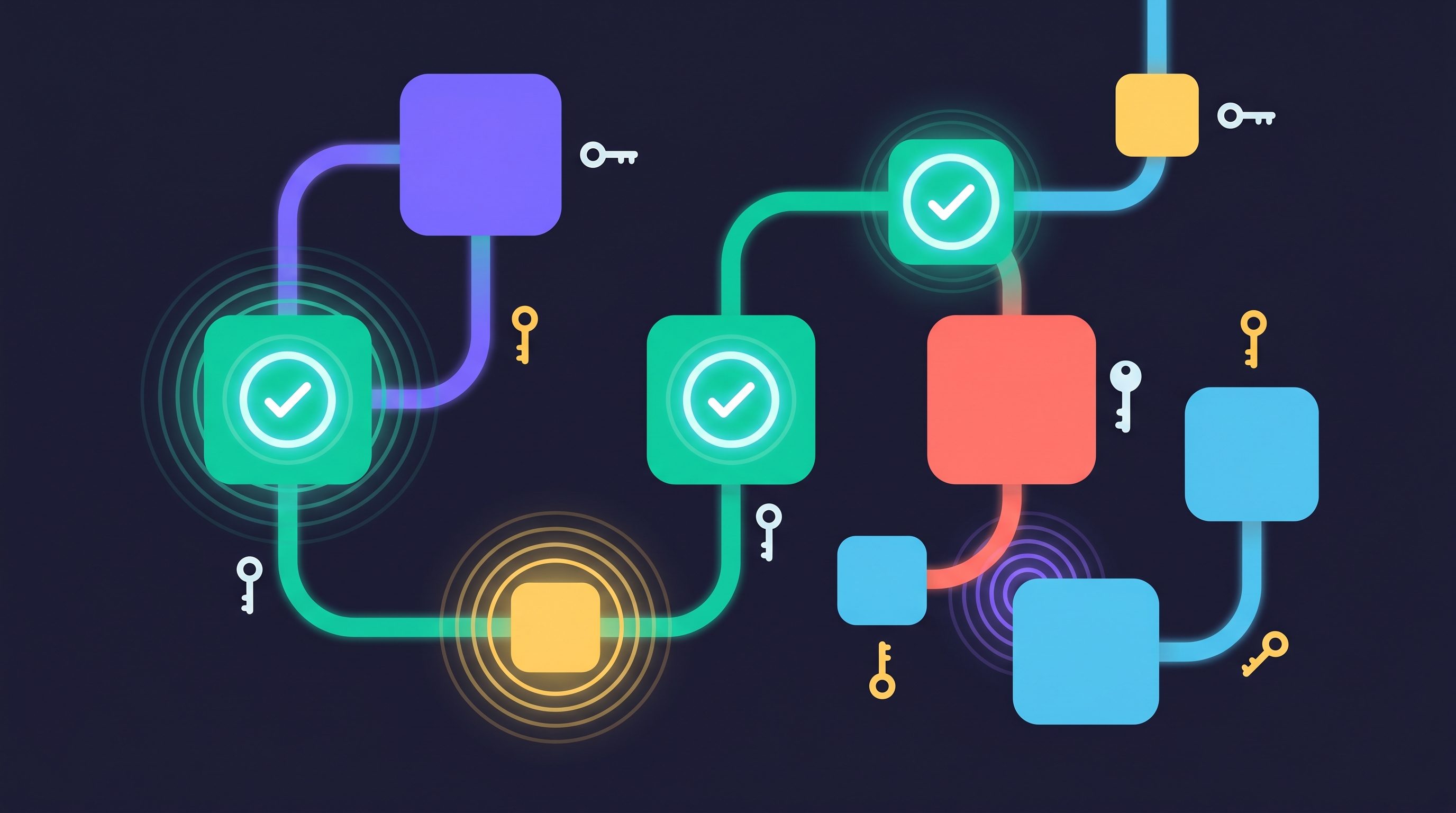 Abstract illustration of workflow nodes connected by colourful pathways, with key icons and checkmarks representing cached steps
